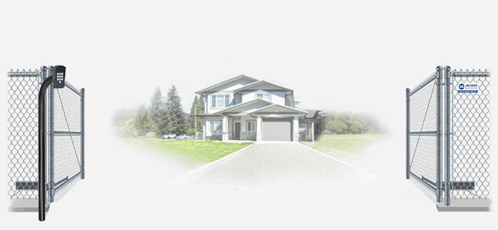 Chain Link swinging estate gate in open position