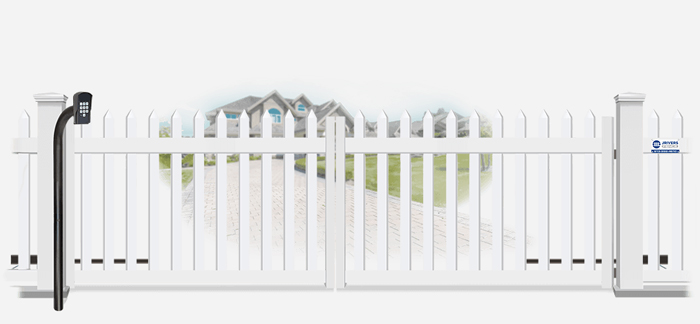 Vinyl swinging estate gate in closed position