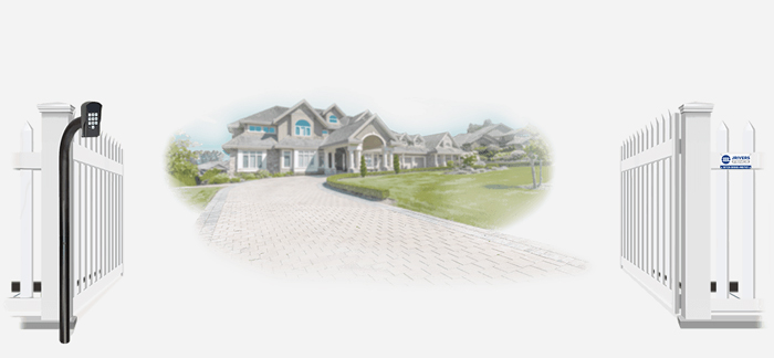 Vinyl swinging estate gate in open position