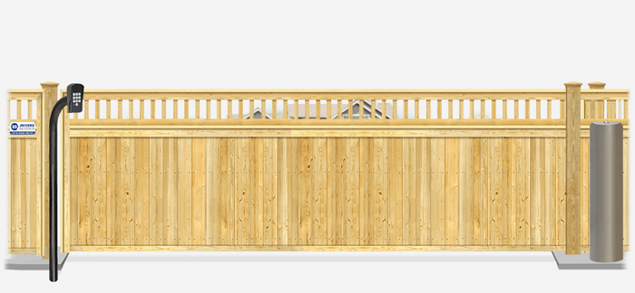 Wood sliding estate gate in closed position