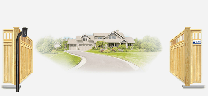 Wood swinging estate gate in open position